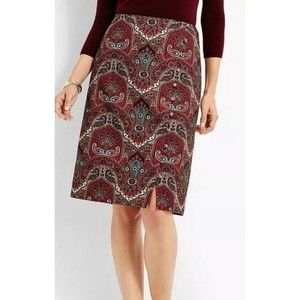 TALBOTS Red Opulent Paisley Side Button Faux-Wrap Skirt Sz 12 Petite